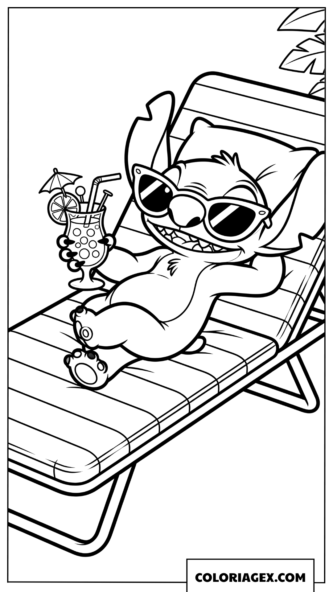 Dessin Stitch se Relaxant sur une Chaise Longue