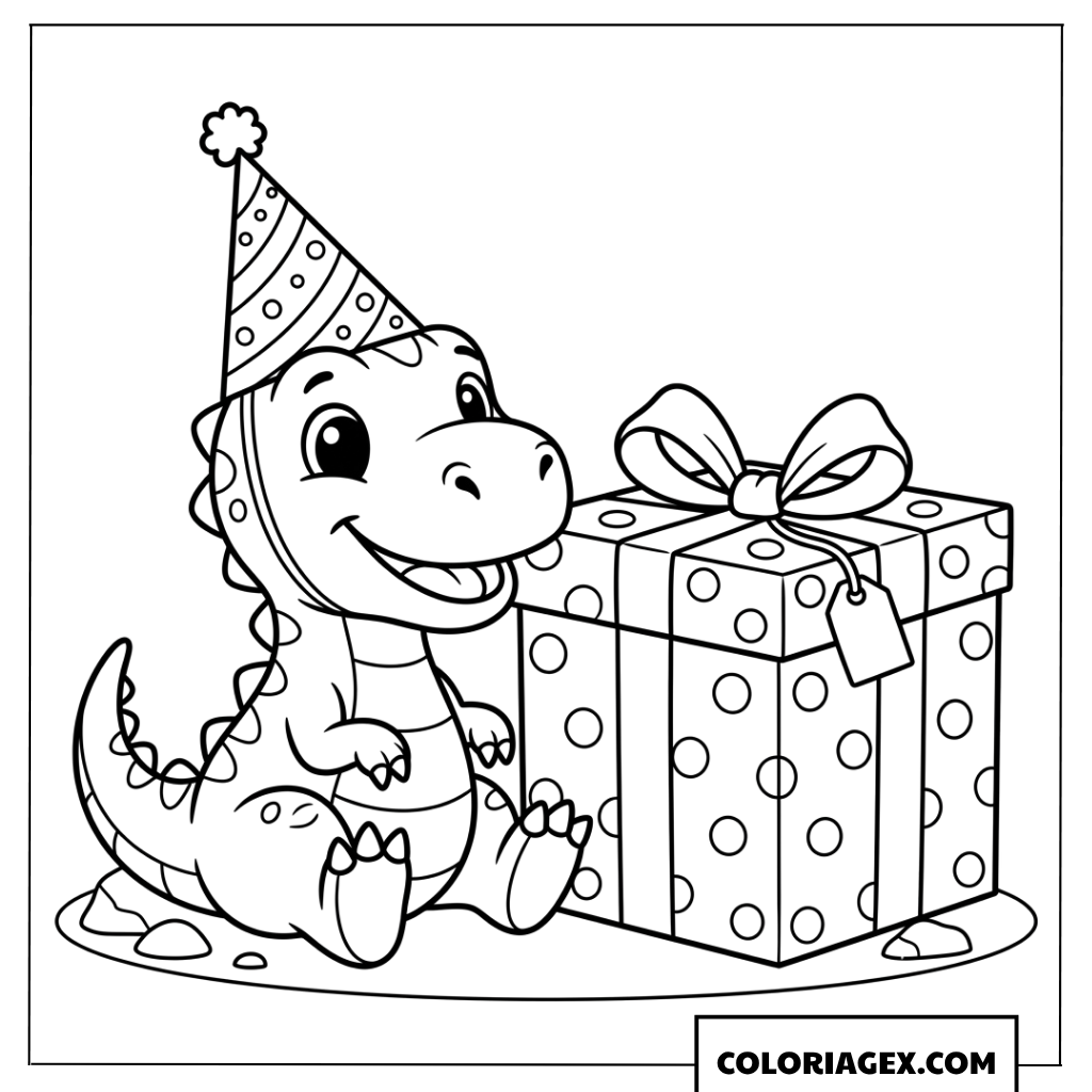 Dessin T Rex anniversaire avec un chapeau de fete et un cadeau