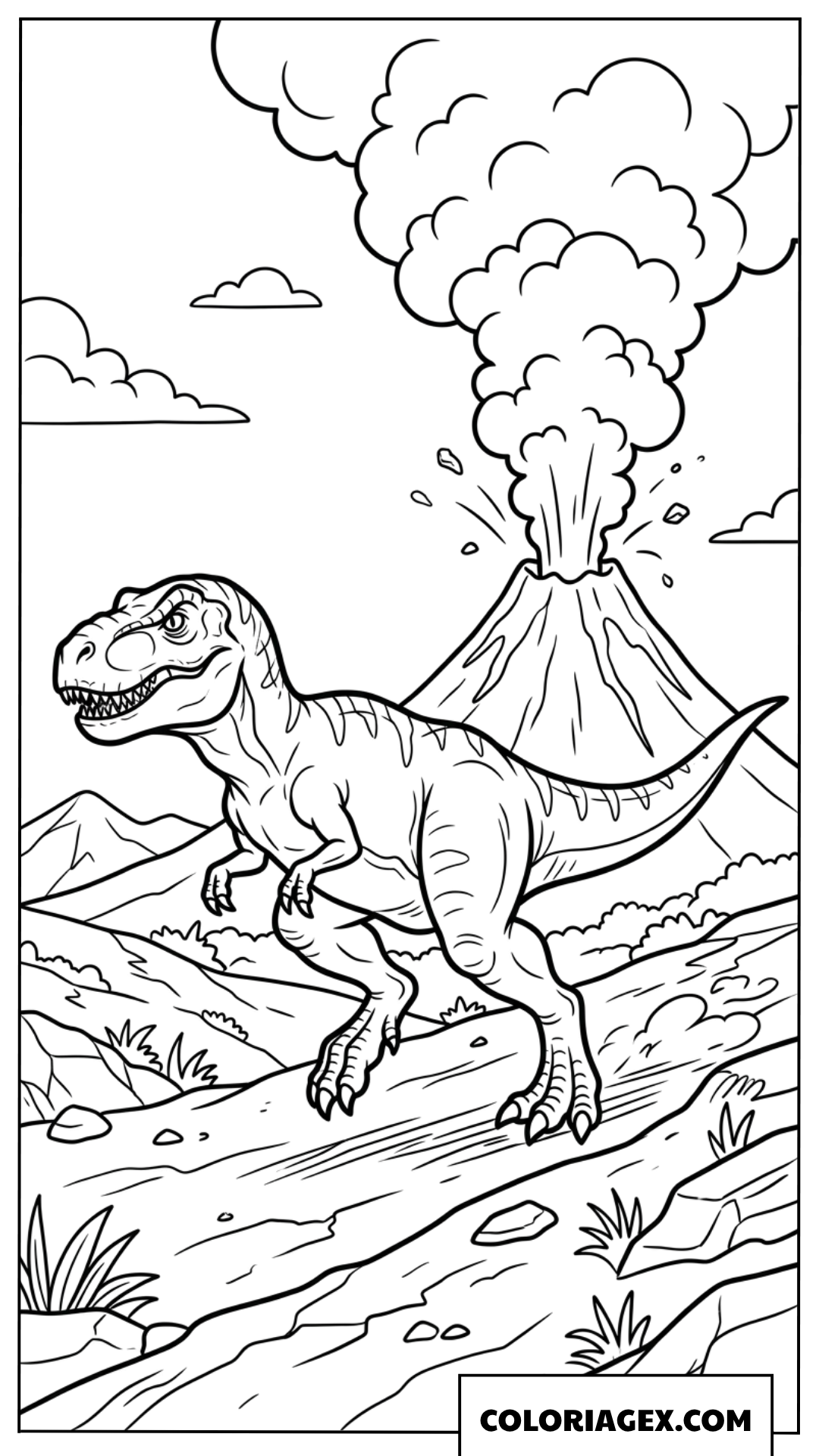 Dessin T Rex devant un volcan en eruption pour coloriage