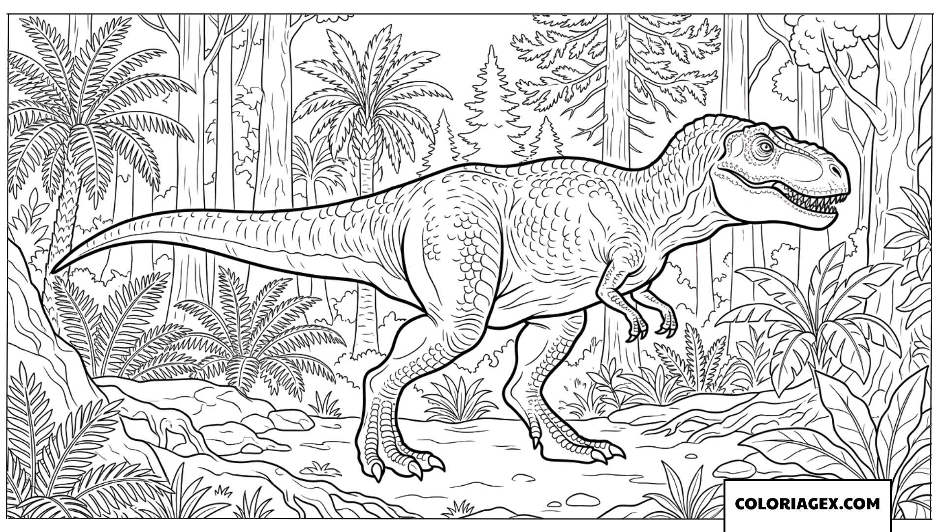Dessin T Rex marchant dans une foret prehistorique a colorier
