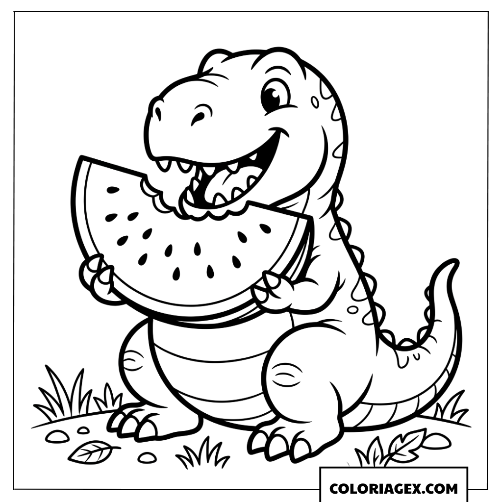 Dessin T Rex mignon mangeant une tranche de pasteque a colorier