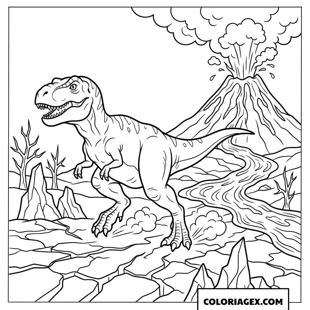 Dessin T Rex sur sol craquelé et rivière de lave