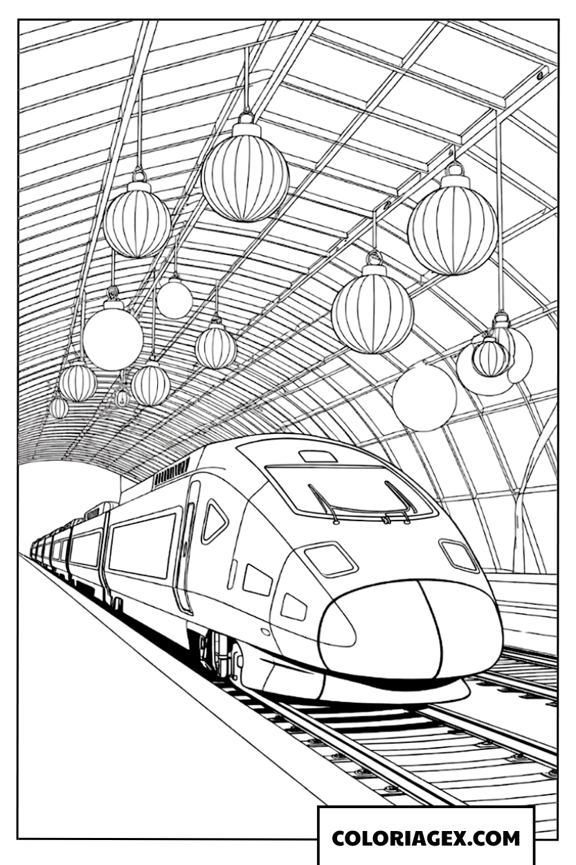 Dessin Train TGV élégant dans une gare décorée de boules de Noël
