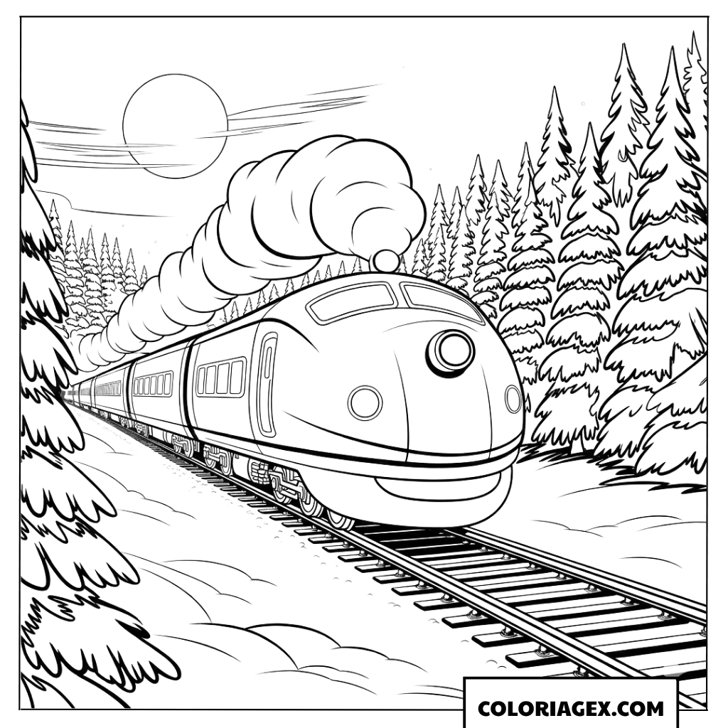 Dessin Train express moderne traversant une forêt de sapins enneigés
