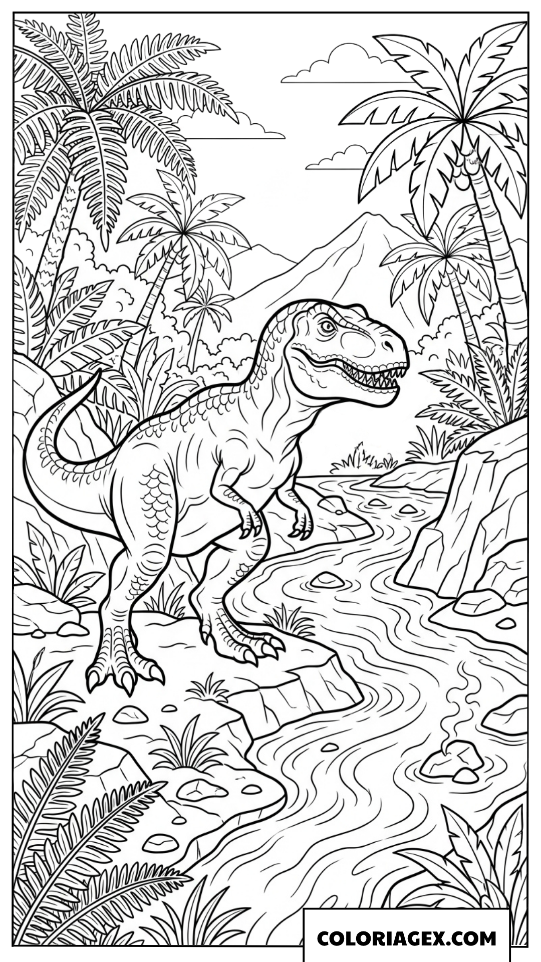 Dessin Tyrannosaure Rex pres d une riviere de lave a colorier