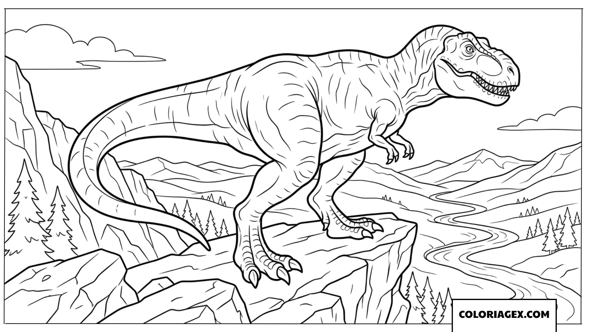 Dessin Tyrannosaure Rex sur une falaise rocheuse a colorier