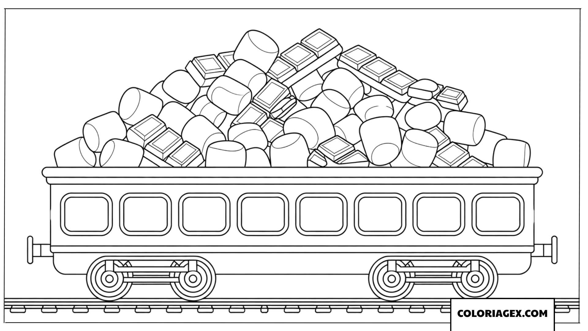 Dessin Wagon de train chargé de guimauves et de chocolats