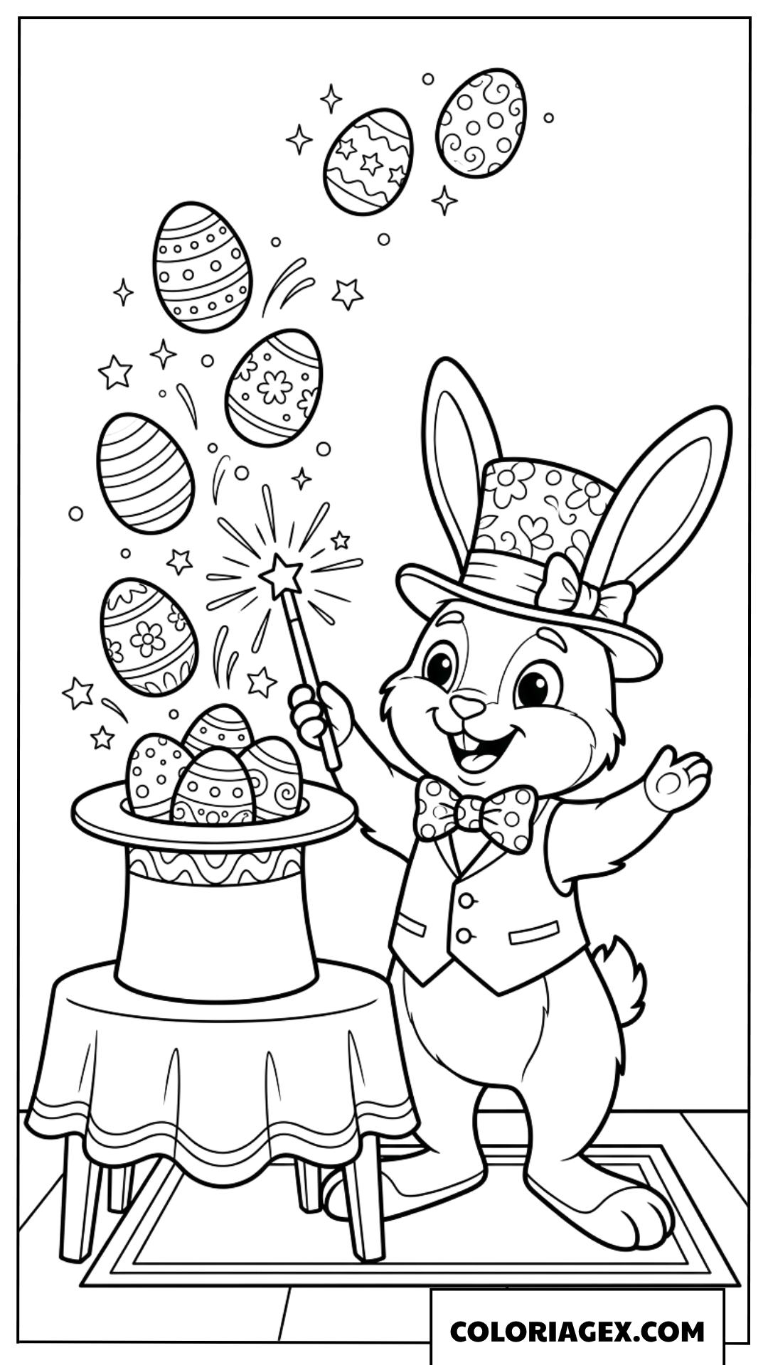 Dessin à colorier du lapin magicien réalisant un tour de magie avec des œufs de Pâques