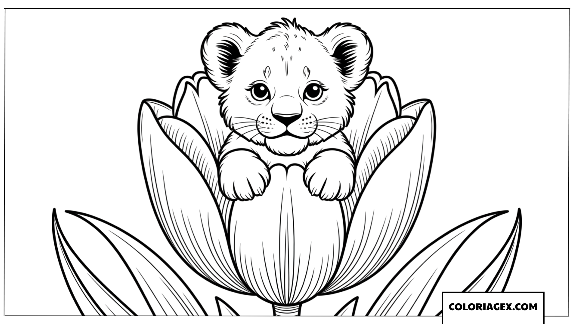 Dessin d un adorable bebe lionceau assis dans une fleur de tulipe