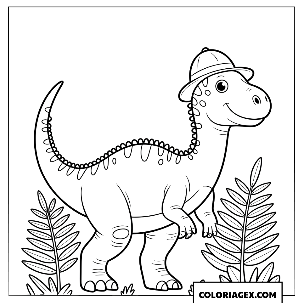 Dessin d un adorable dinosaure portant un petit chapeau d explorateur a colorier