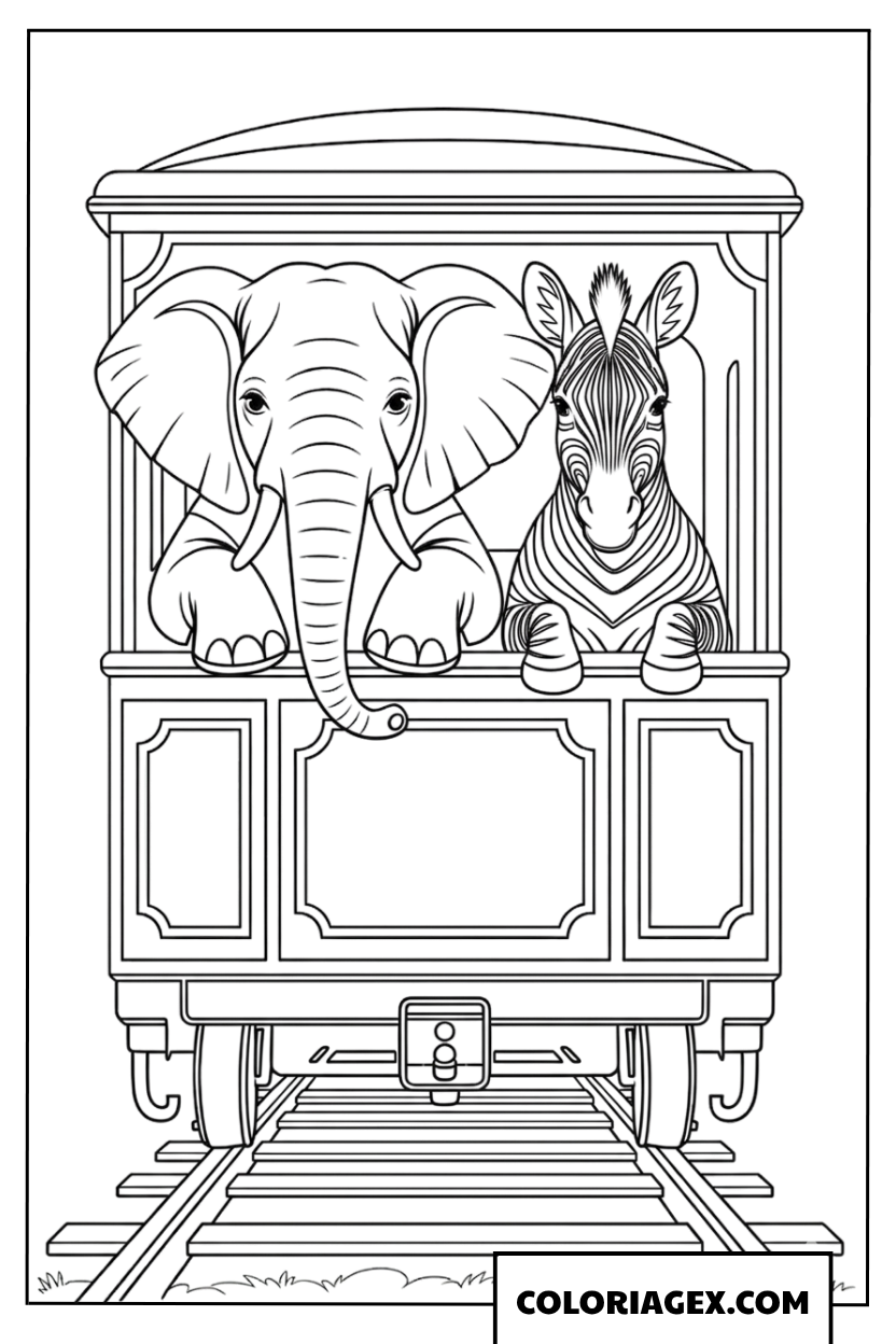 Dessin d un éléphant et d un zèbre à la fenêtre du train
