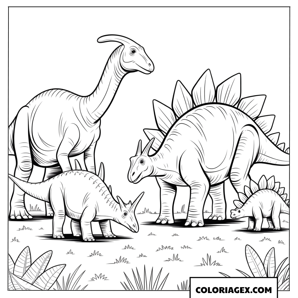 Dessin d un groupe de quatre dinosaures differents dans la prairie a colorier