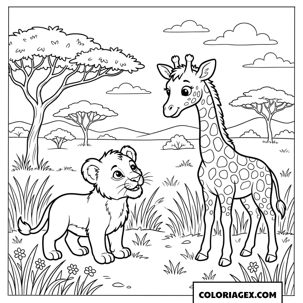 Dessin d un jeune lionceau et d une girafe mignonne dans la savane