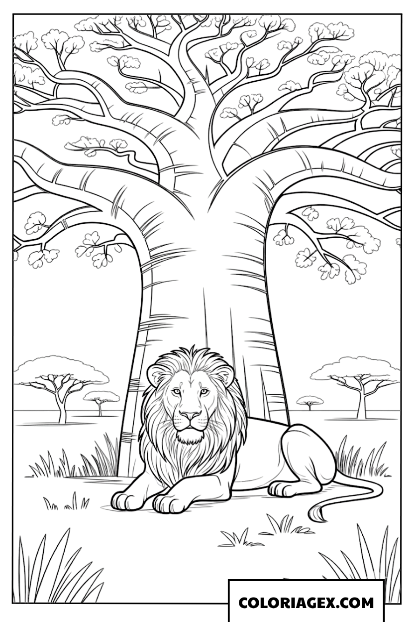Dessin d un lion allonge au pied d un grand baobab africain a colorier