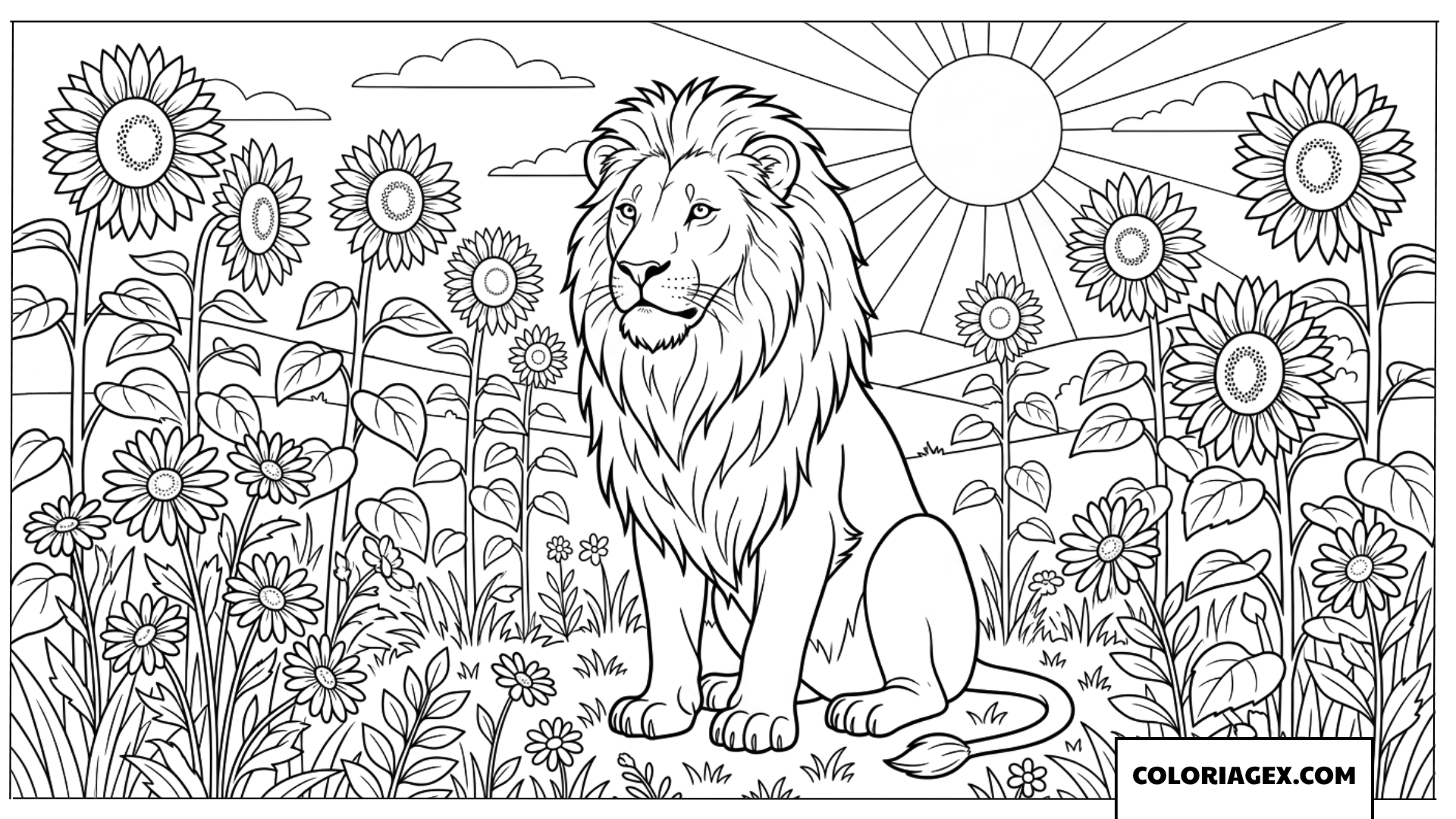 Dessin d un lion assis dans un champ de tournesols pour coloriage
