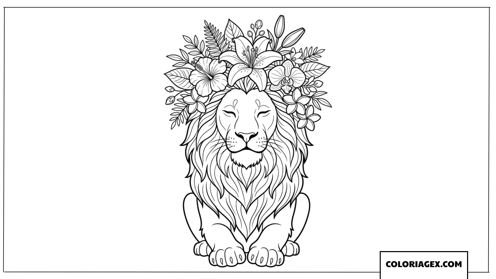 Dessin d un lion aux yeux fermes portant une couronne de fleurs
