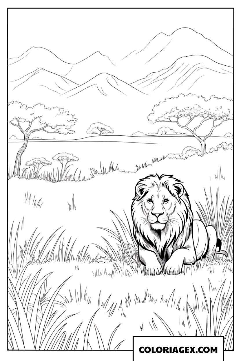 Dessin d un lion couche au milieu des herbes et des montagnes