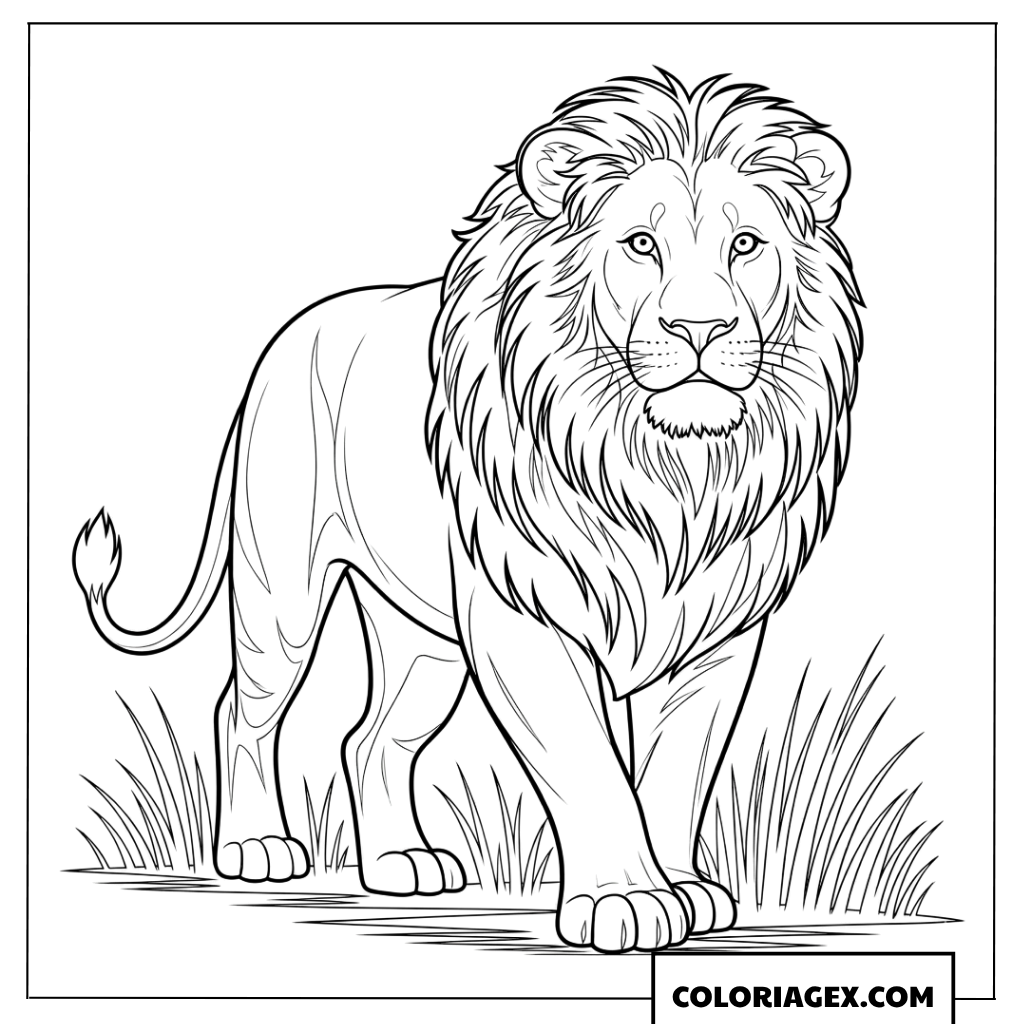 Dessin d un lion male majestueux debout sur l herbe a colorier