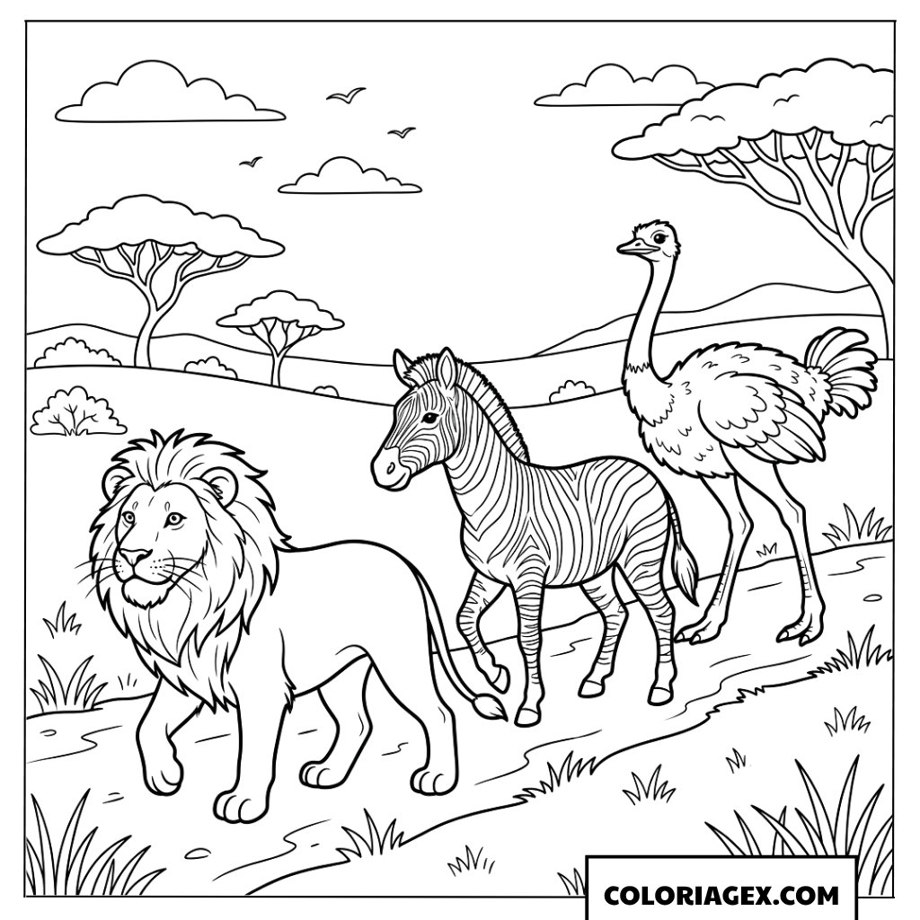Dessin d un lion marchant avec un zebre et une autruche a colorier