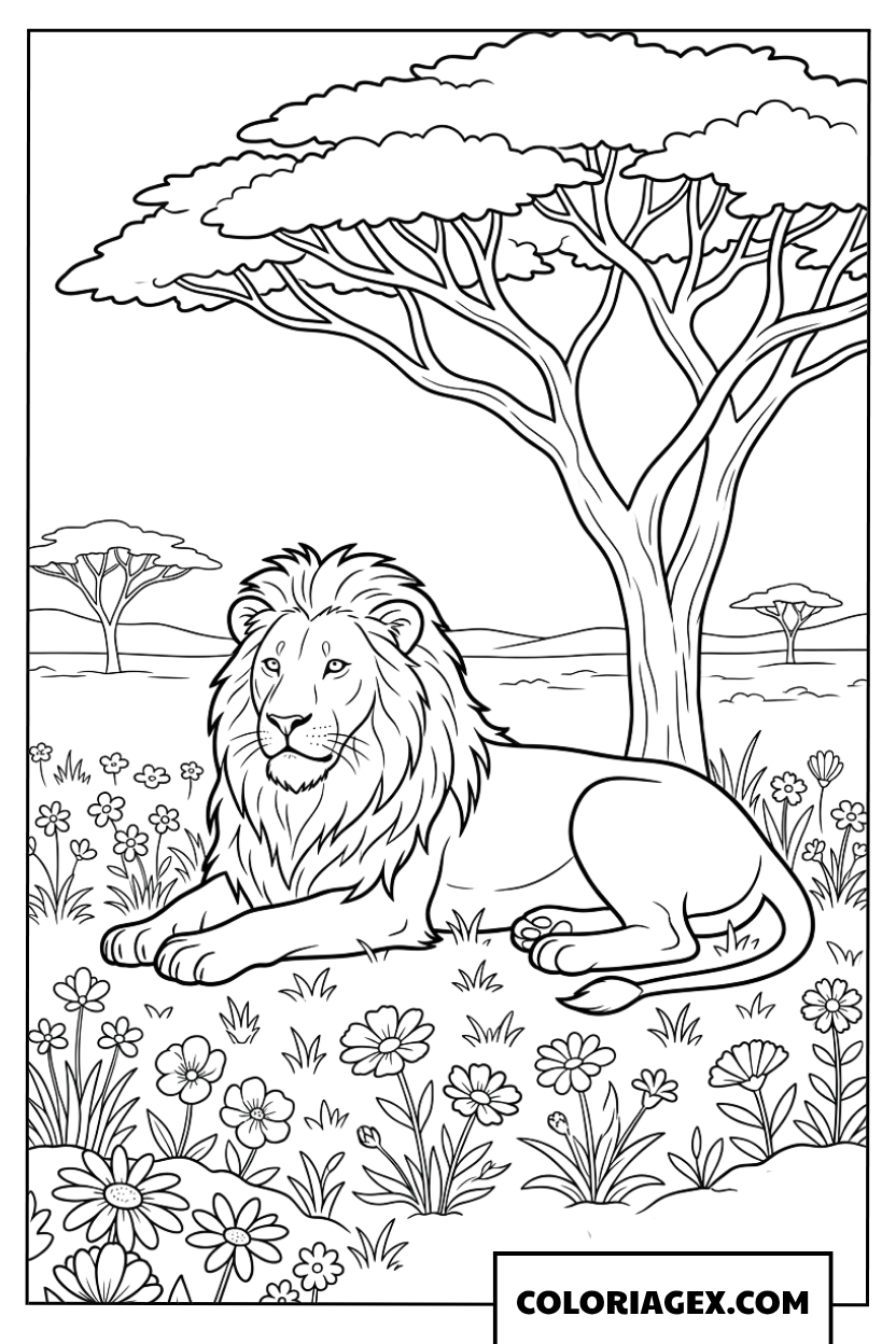 Dessin d un lion realiste couche sous un grand arbre de la savane