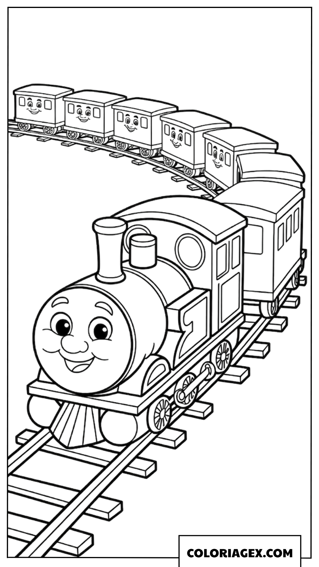 Dessin d un long train de dessin animé avec des wagons souriants