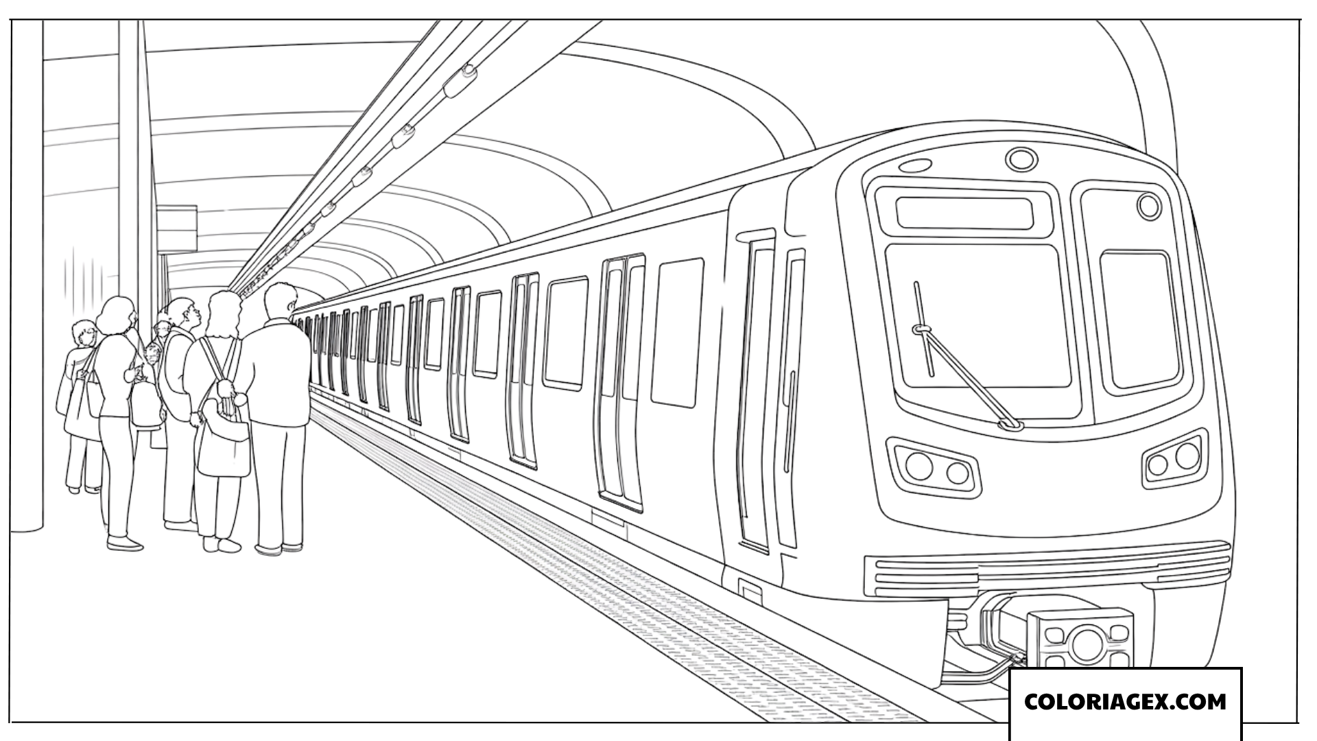 Dessin d un métro à la station avec des passagers à colorier