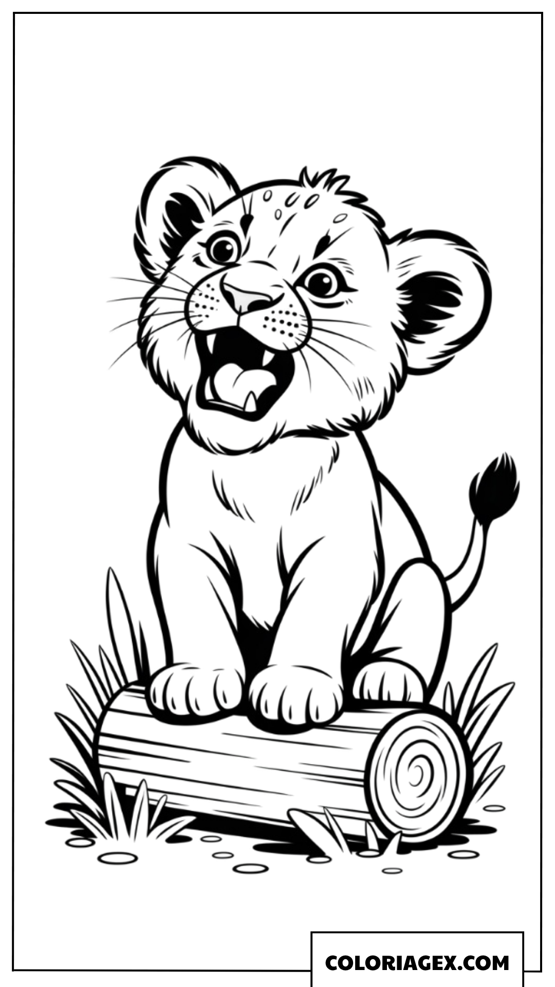 Dessin d un mignon petit lionceau assis trên un tronc d arbre a colorier