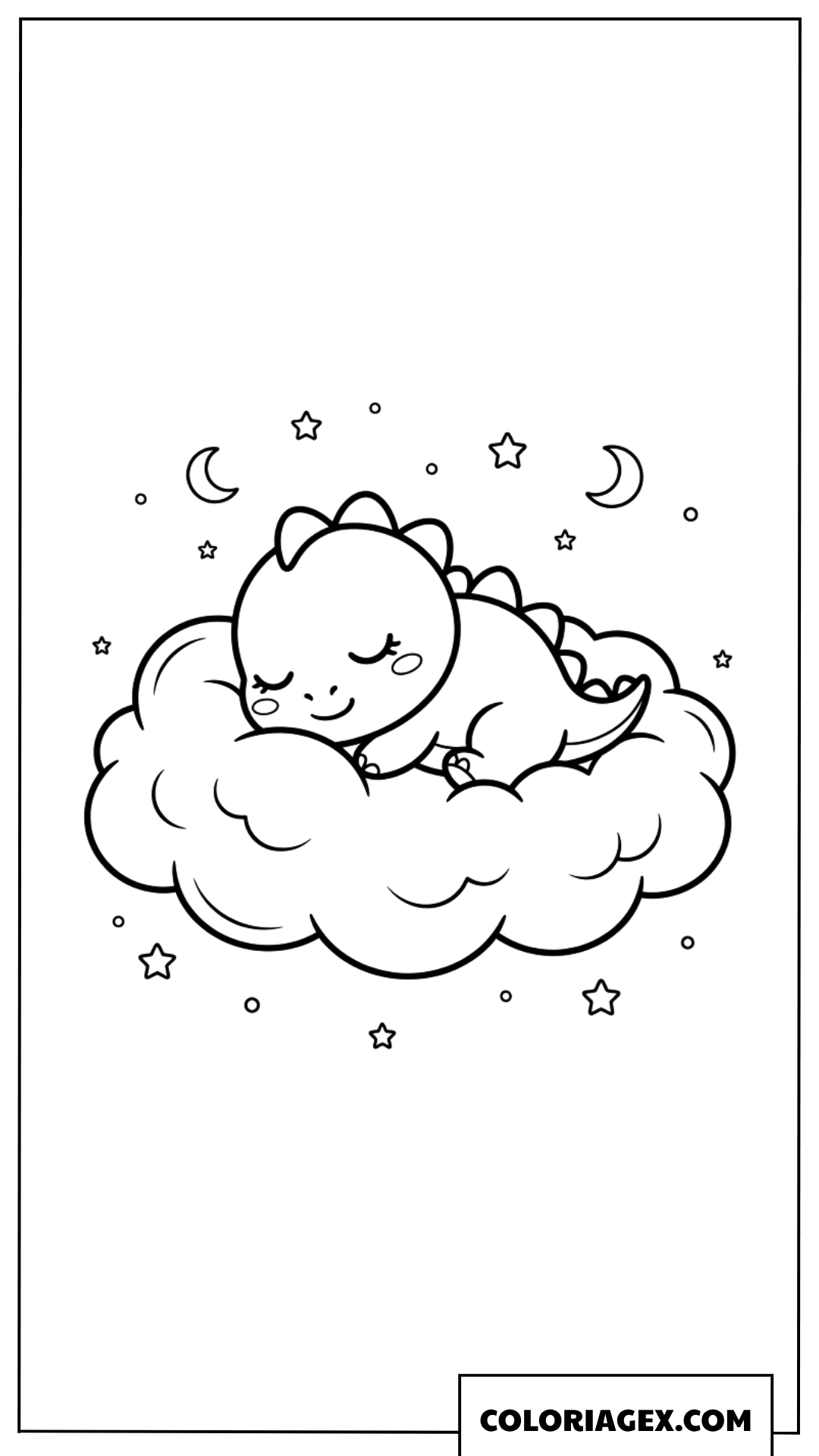 Dessin d un petit dinosaure mignon qui dort sur un nuage a colorier