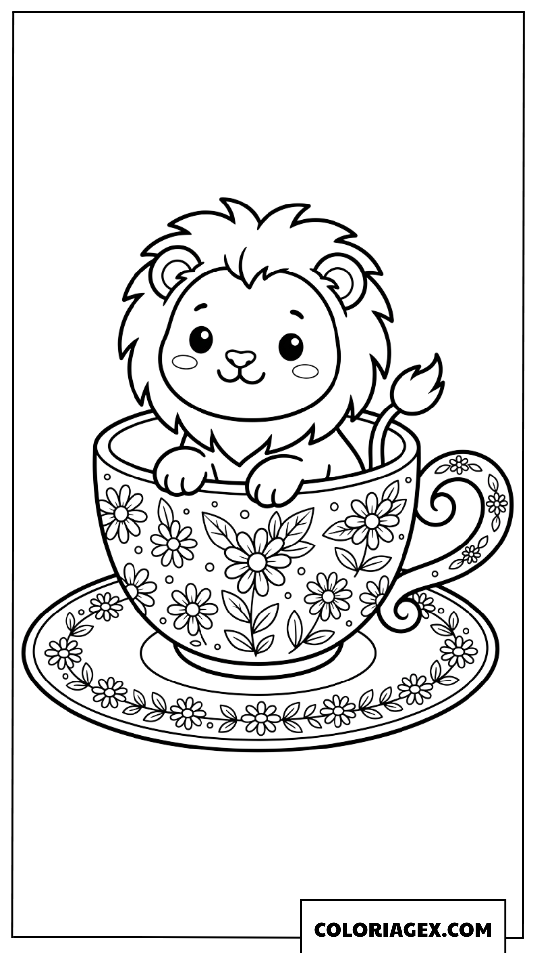 Dessin d un petit lionceau mignon assis dans une tasse de the