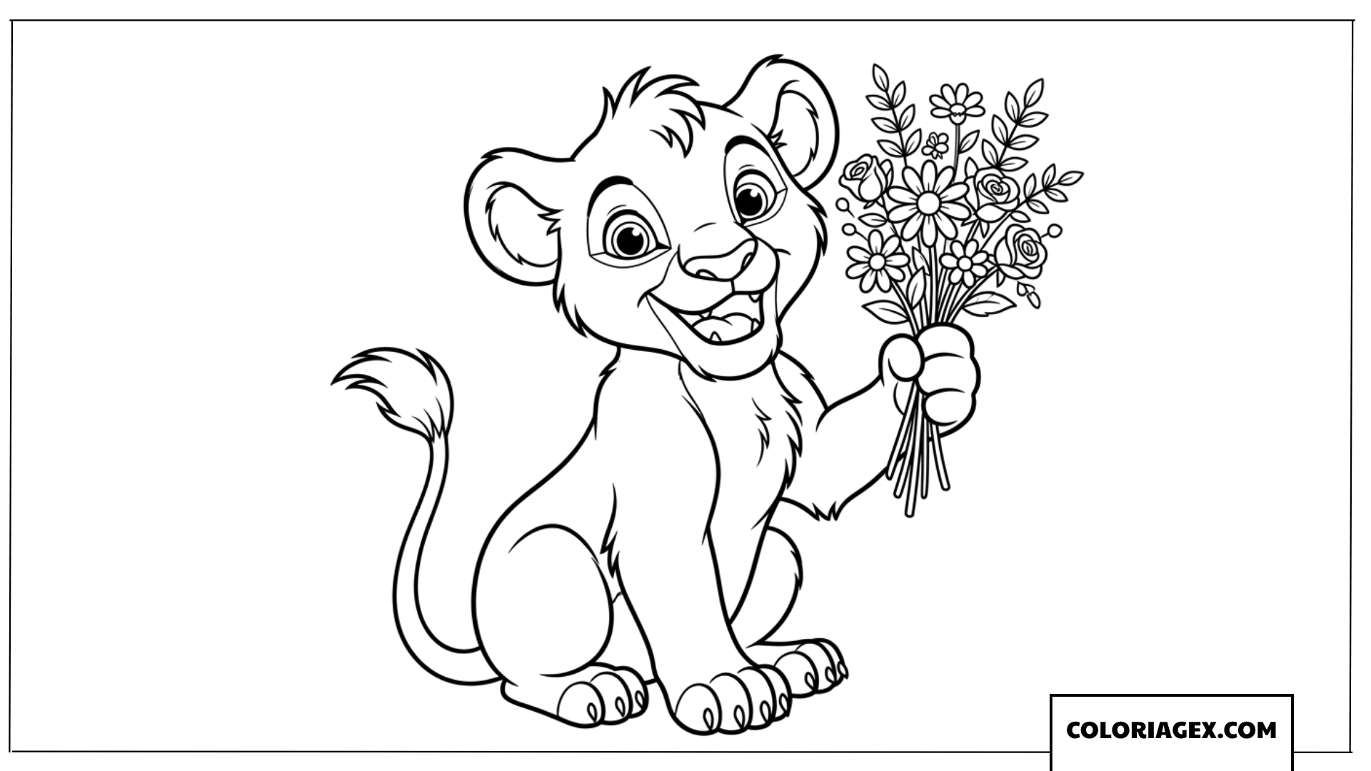 Dessin d un petit lionceau souriant qui tient un bouquet de fleurs