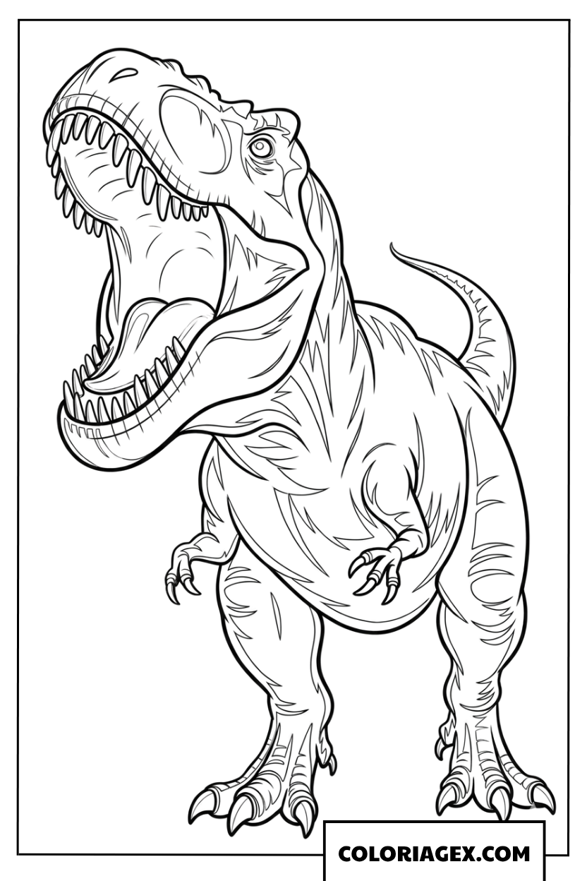 Dessin d un puissant T Rex feroce ouvrant grand sa machoire a colorier