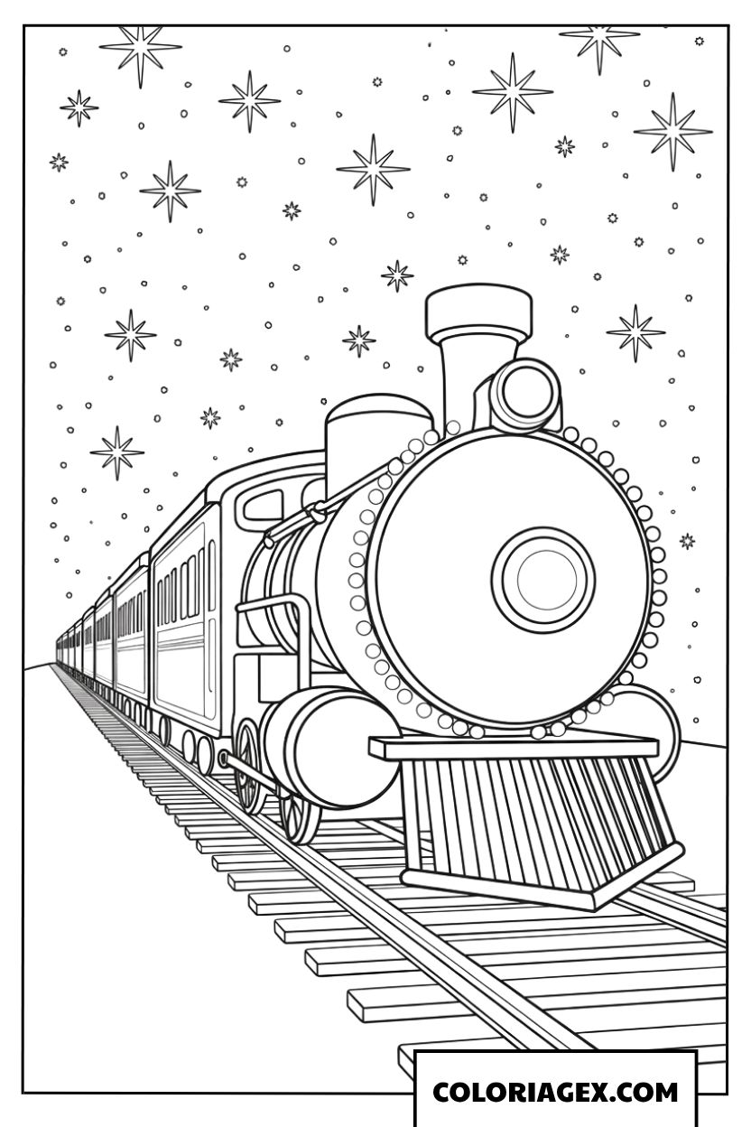 Dessin d un train de Noel magique sous un ciel etoile