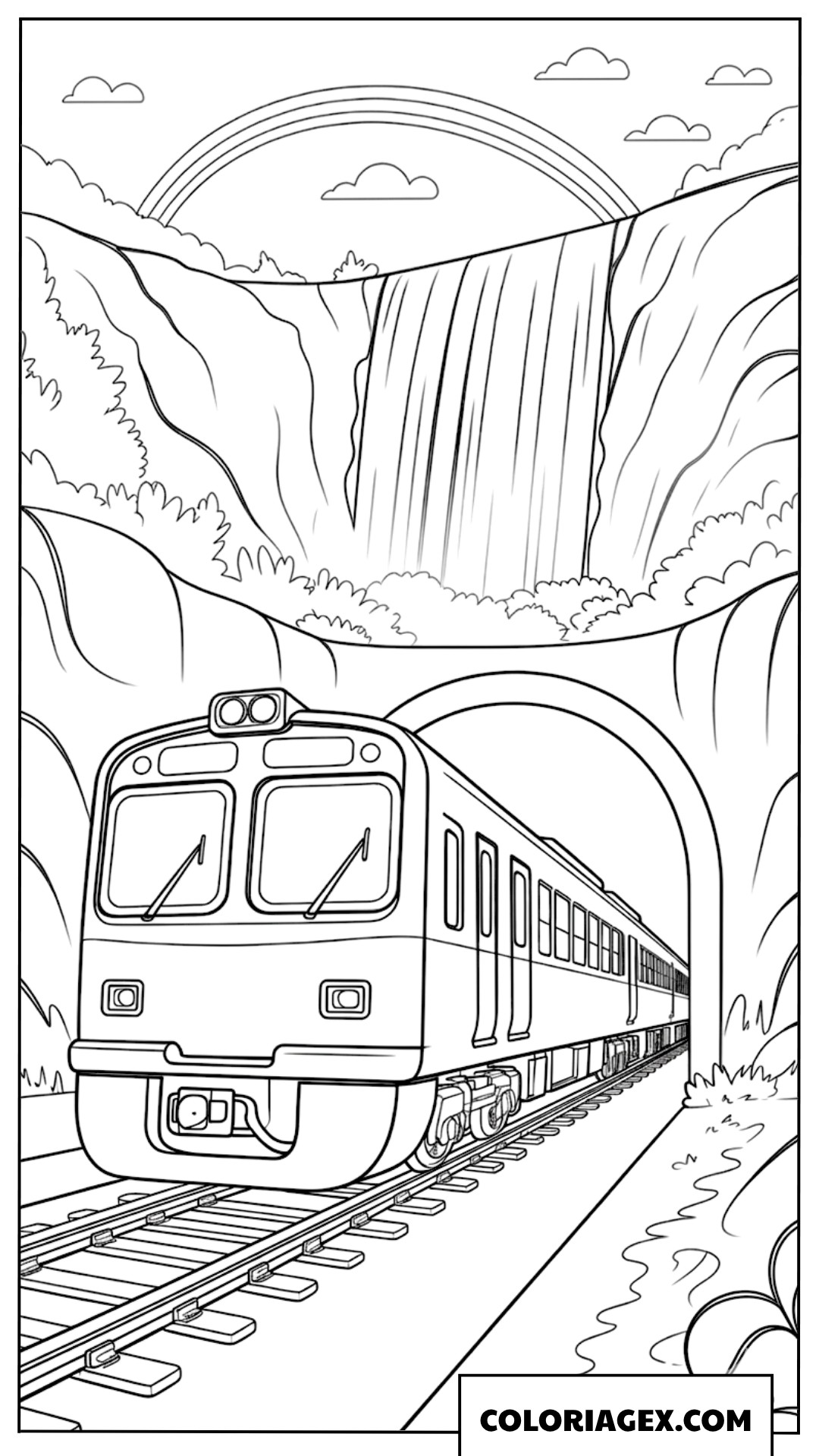 Dessin d un train sortant d un tunnel sous une cascade à colorier