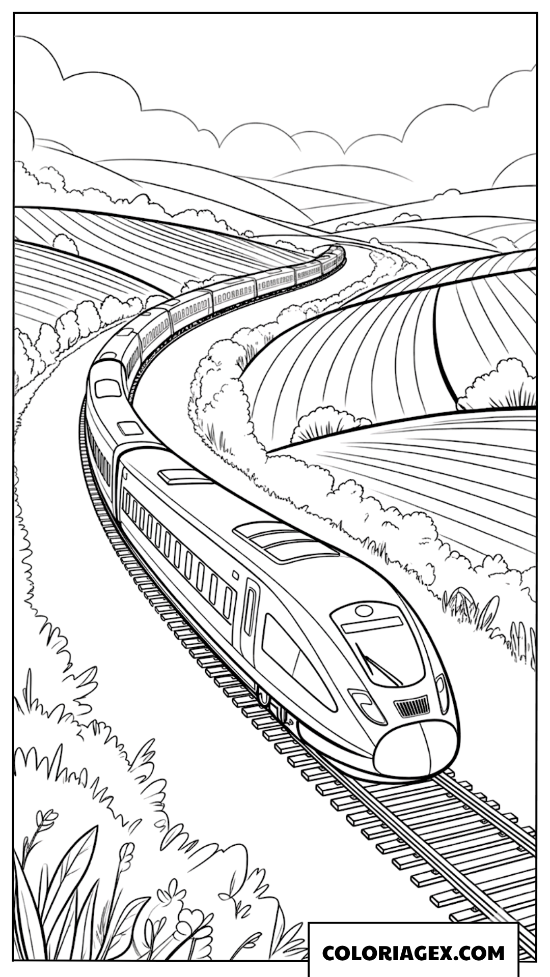 Dessin d un train traversant des collines verdoyantes