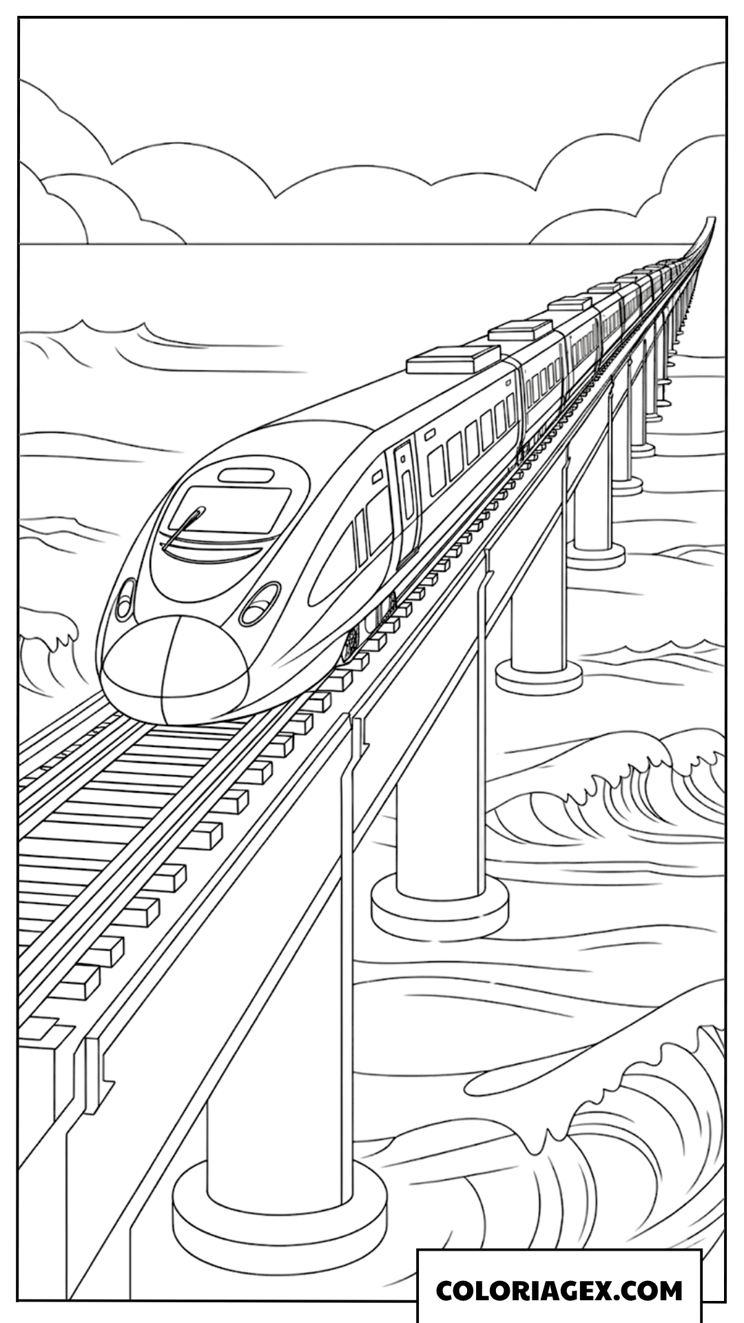 Dessin d un train voyageant sur un pont au-dessus de la mer