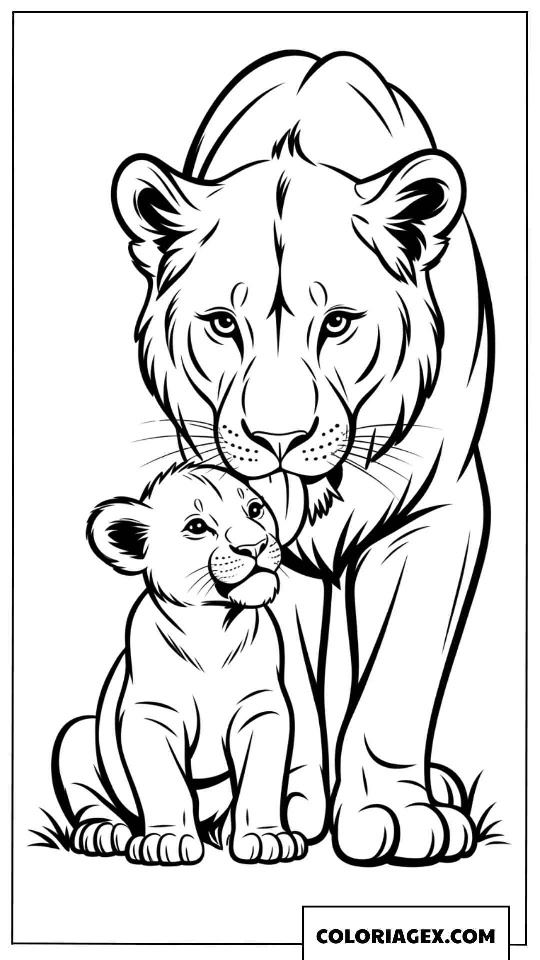 Dessin d une maman lionne caressant son petit lionceau a colorier
