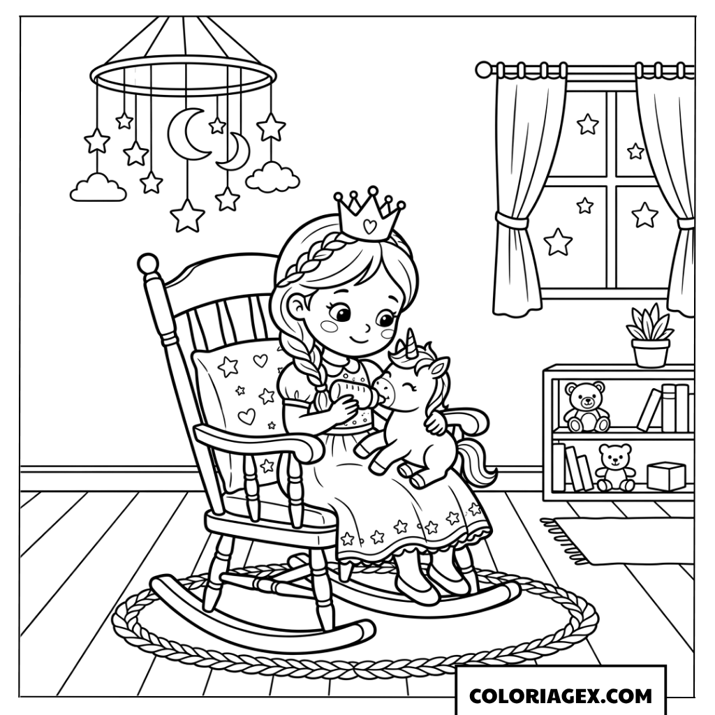 Dessin d une princesse nourrissant son bébé licorne au biberon