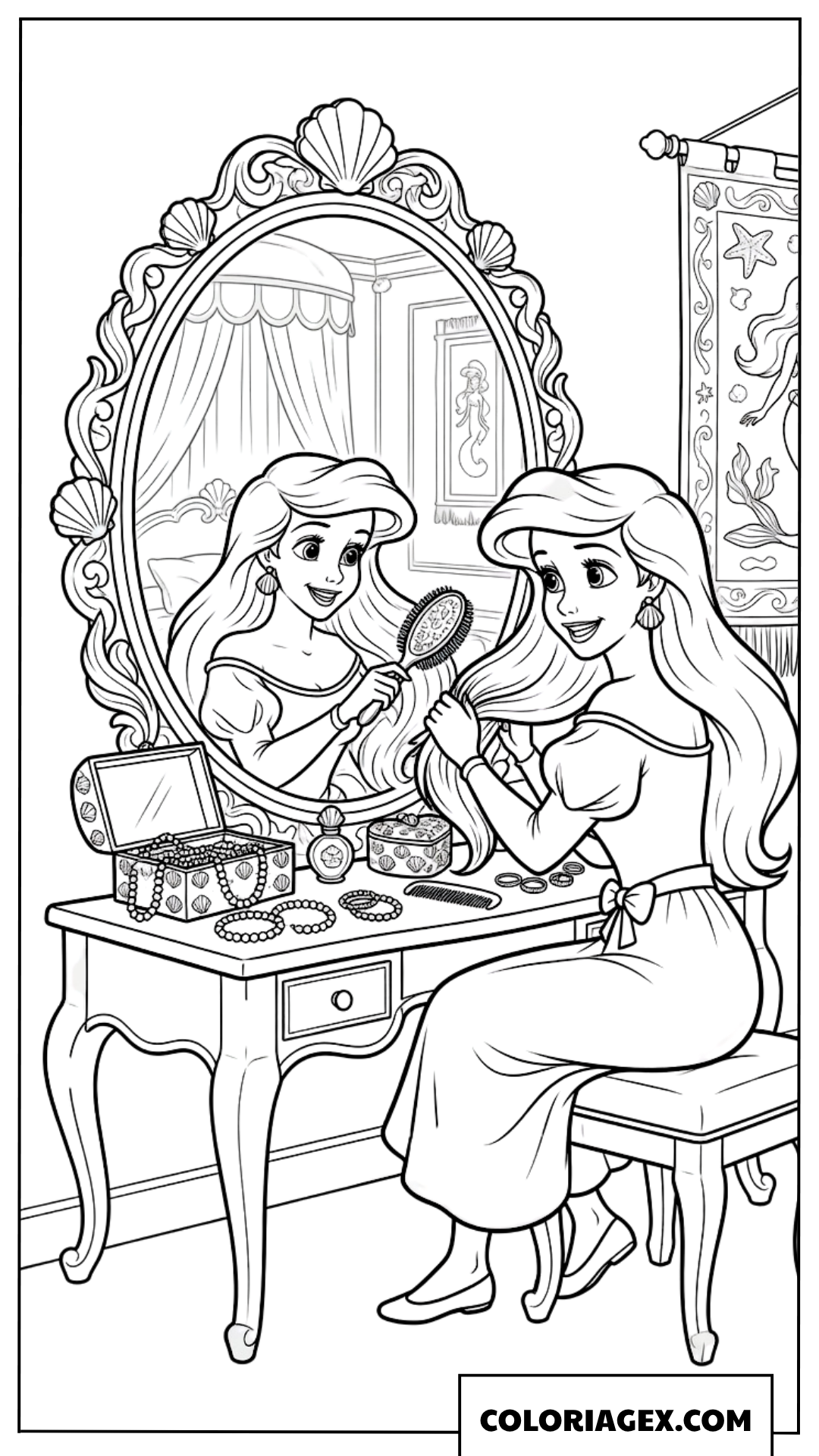 Dessin d'Ariel devant sa coiffeuse avec son miroir