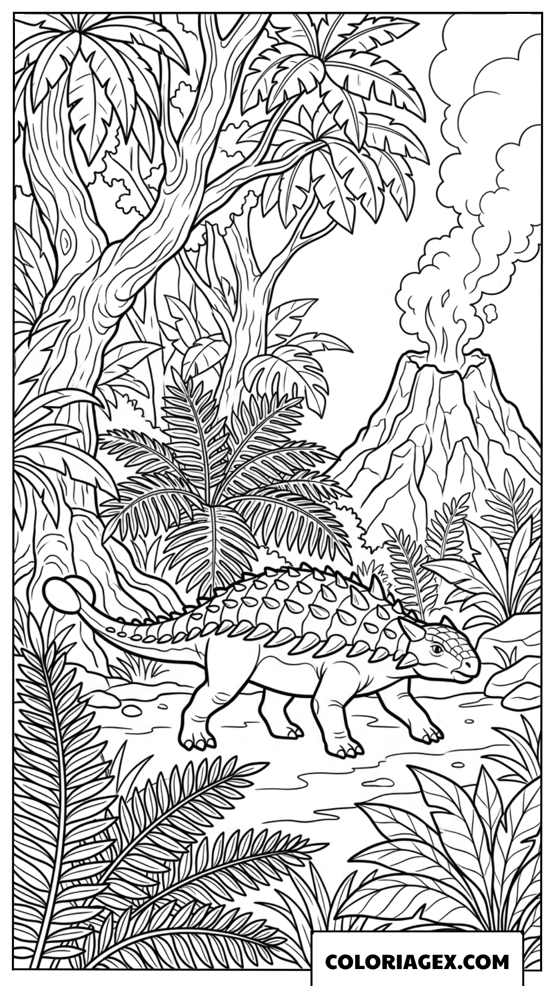 Dessin de Ankylosaure dans la foret et volcan en fumee