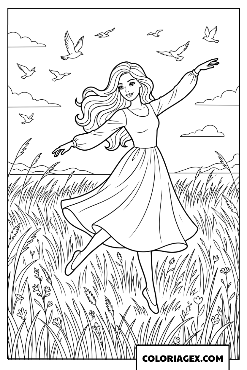 coloriage barbie danseuse - Dessin de Barbie dansant librement au milieu d'un champ d'herbes