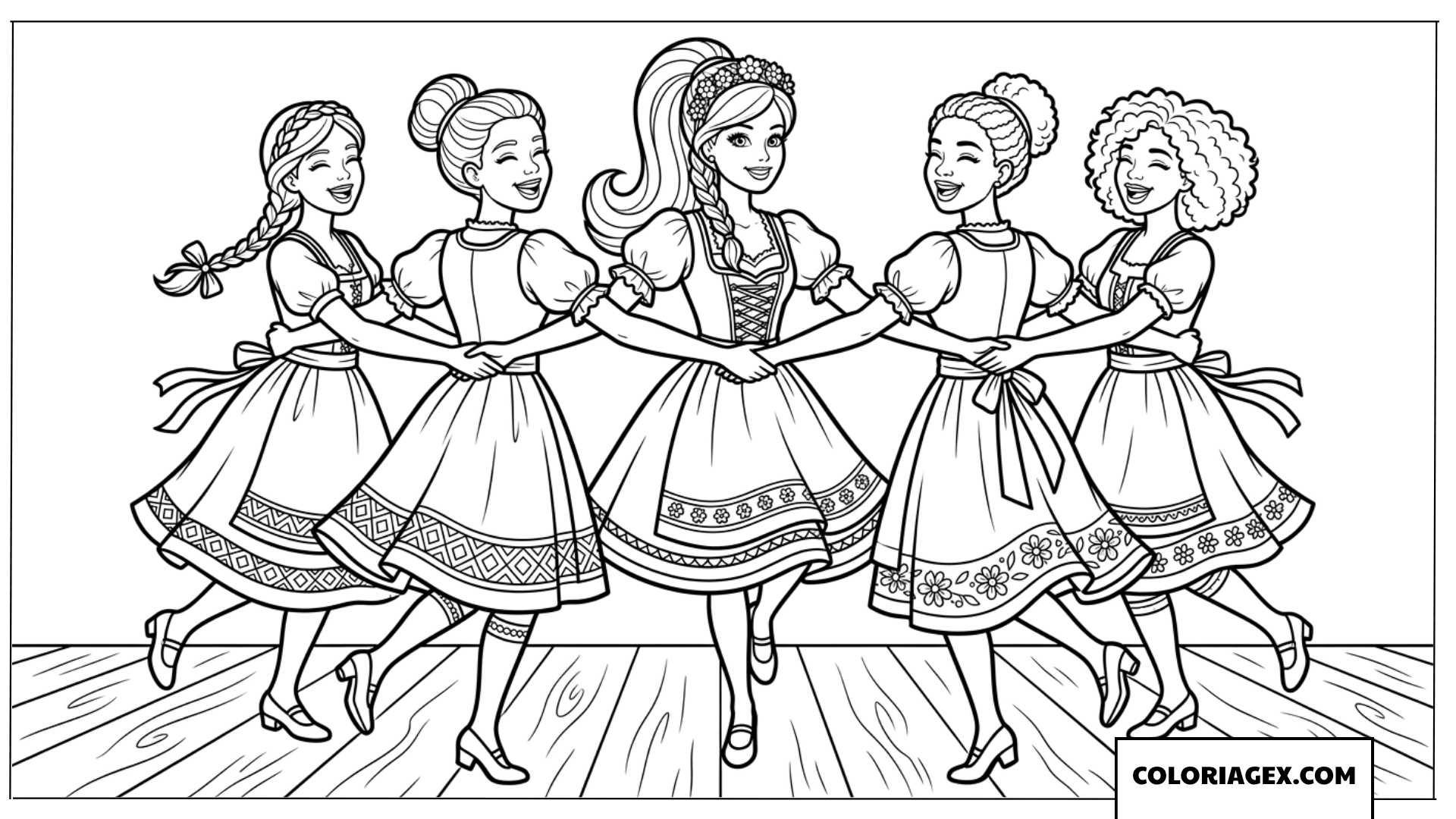 Dessin de Barbie et ses amies dansant joyeusement en ronde