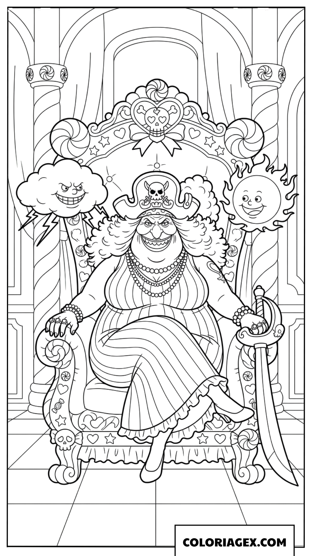 Dessin de Big Mom sur son trône de friandises