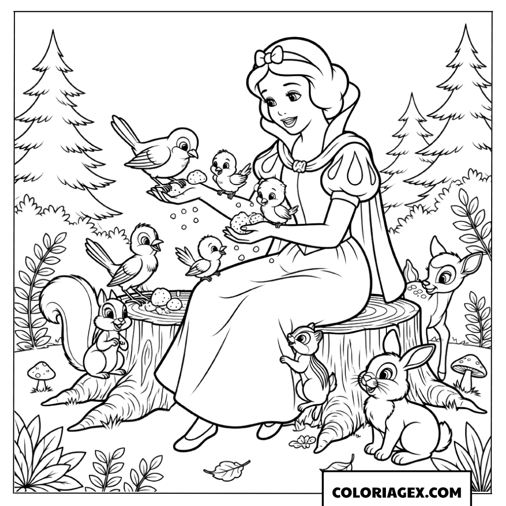 Dessin de Blanche Neige assise sur une souche nourrissant les oiseaux