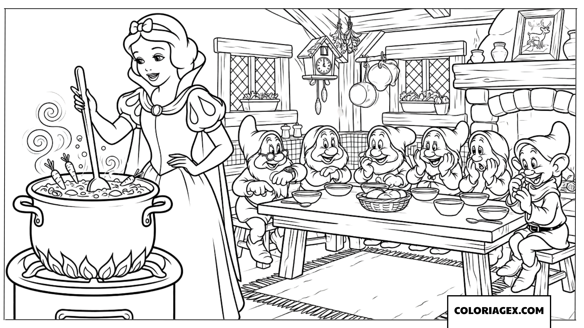 Dessin de Blanche-Neige cuisinant et les sept nains attendant le repas