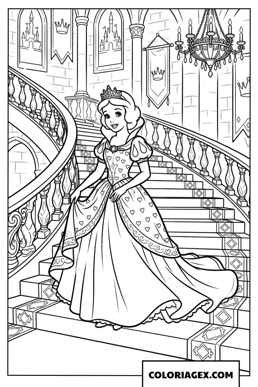 Dessin de Blanche Neige en robe à cœurs sur l'escalier du palais