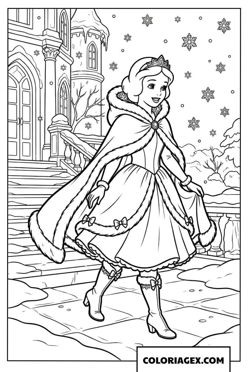 Dessin de Blanche Neige en robe d'hiver et cape de fourrure