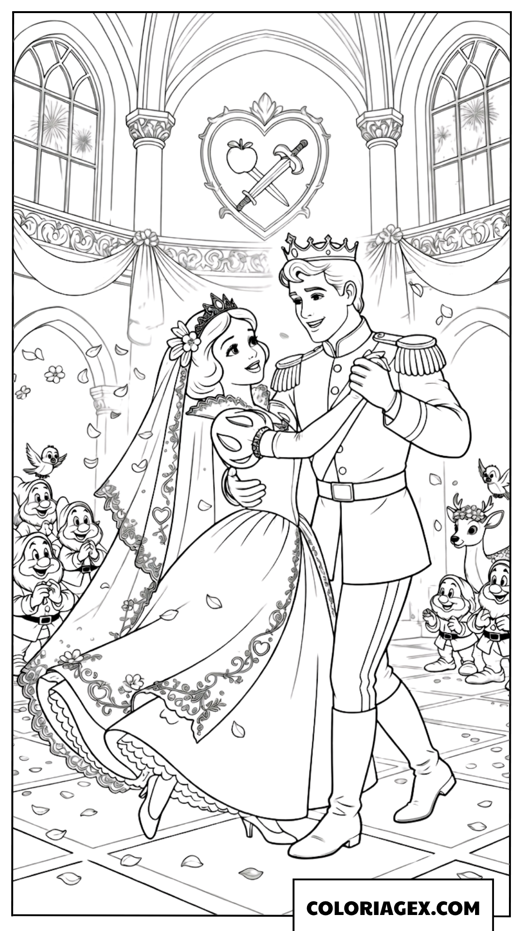 Dessin de Blanche Neige et le Prince dansant au palais