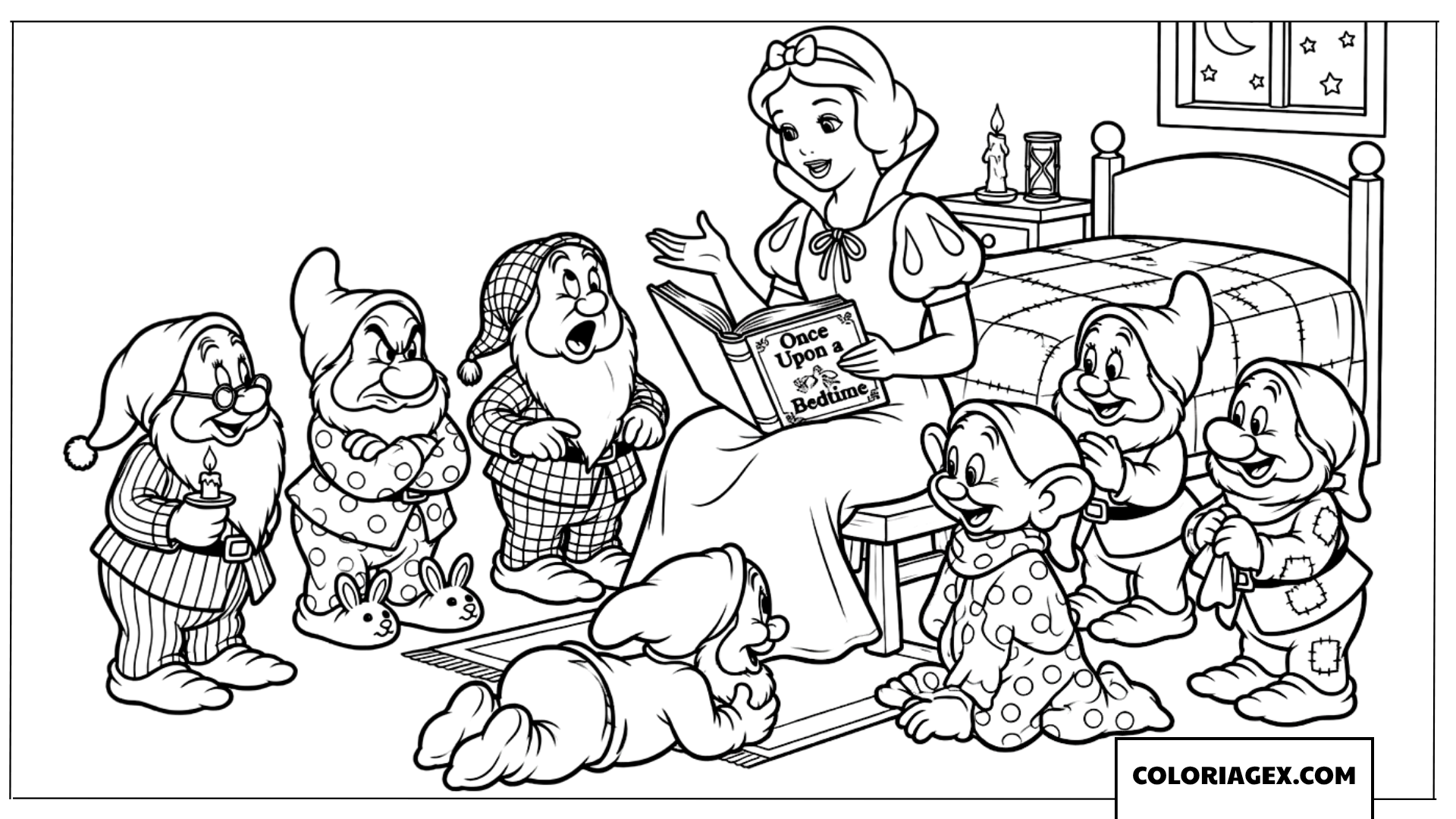 Dessin de Blanche-Neige lisant une histoire aux nains