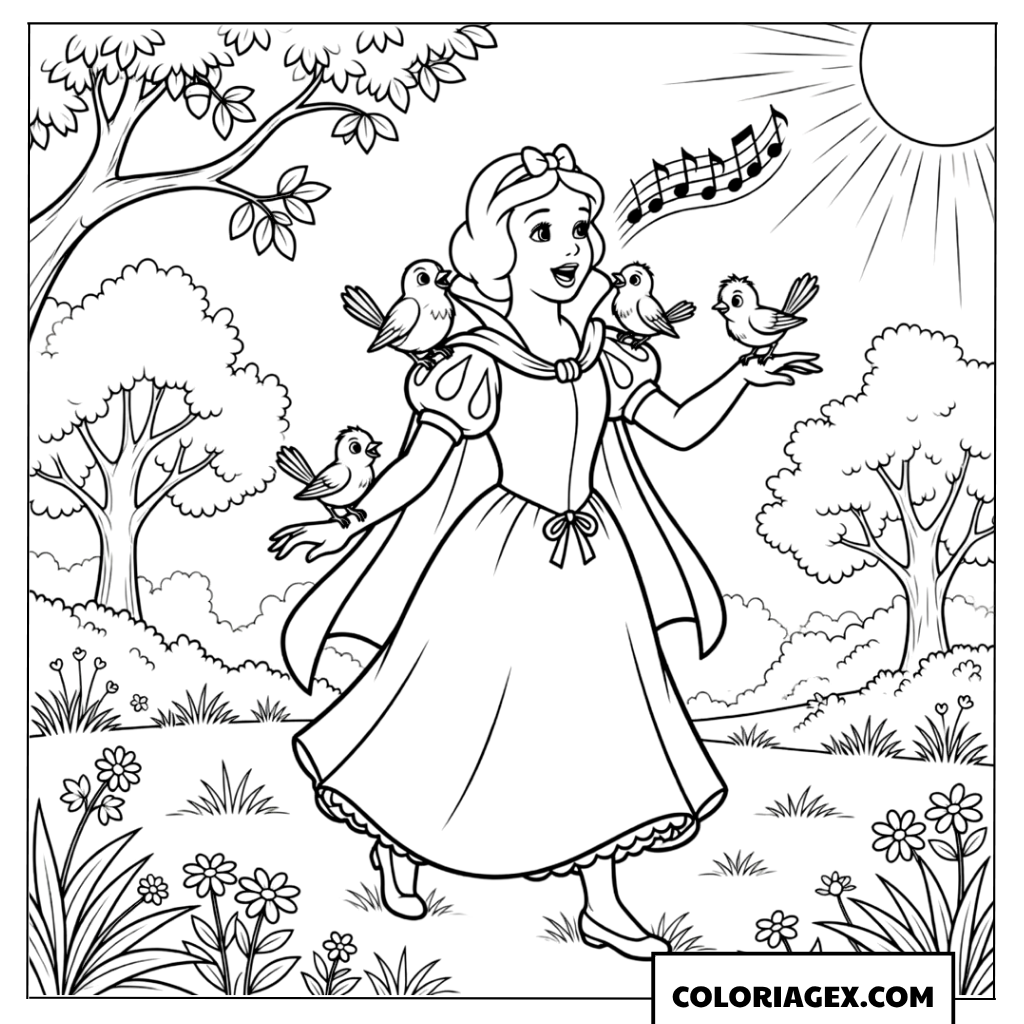 Dessin de Blanche Neige se promenant et chantant avec les oiseaux