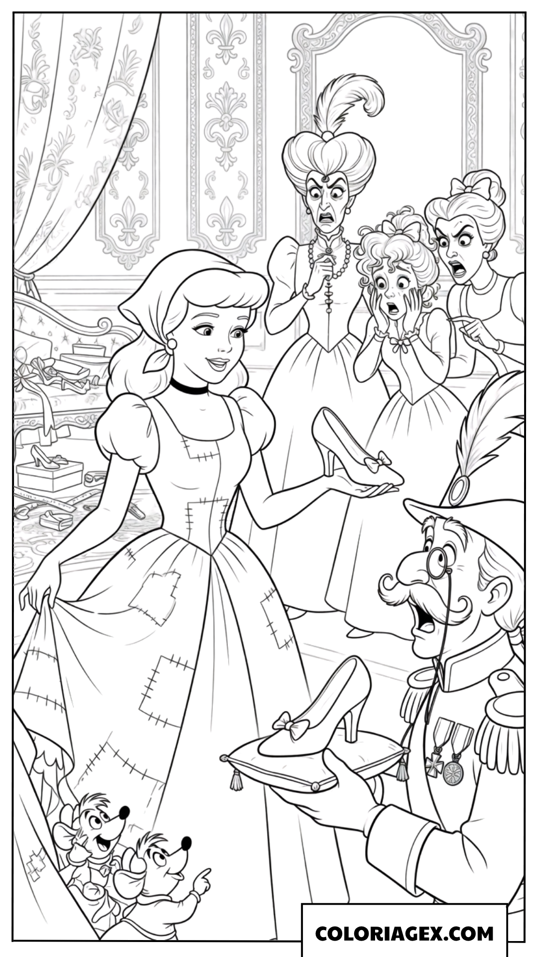 Dessin de Cendrillon révélant la deuxième pantoufle de verre devant sa famille